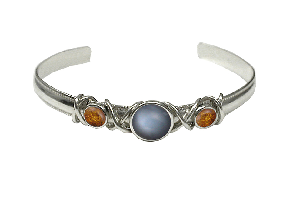 Sterling Silver Hand Made Cuff Bracelet With Grey Moonstone And Amber